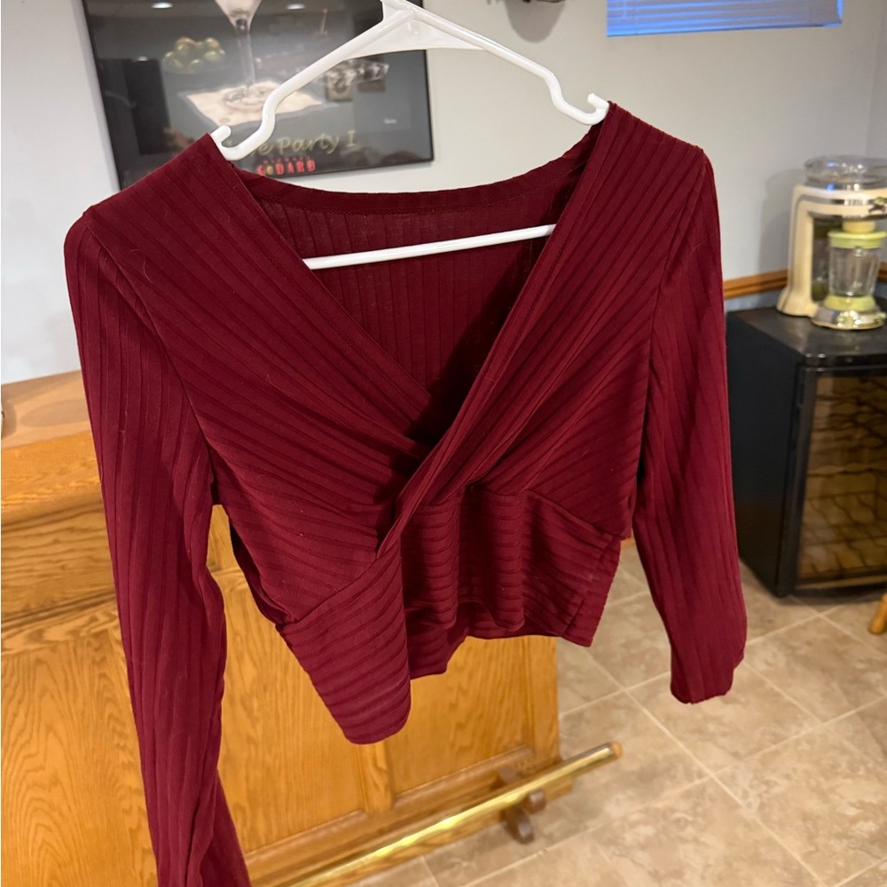 SHEIN Red Ribbed Wrap Top Long Sleeve
